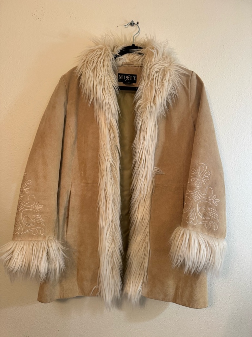 1990s/Y2K Leather and Faux Fur Penny Lane Coat, Embroidered, Mix It